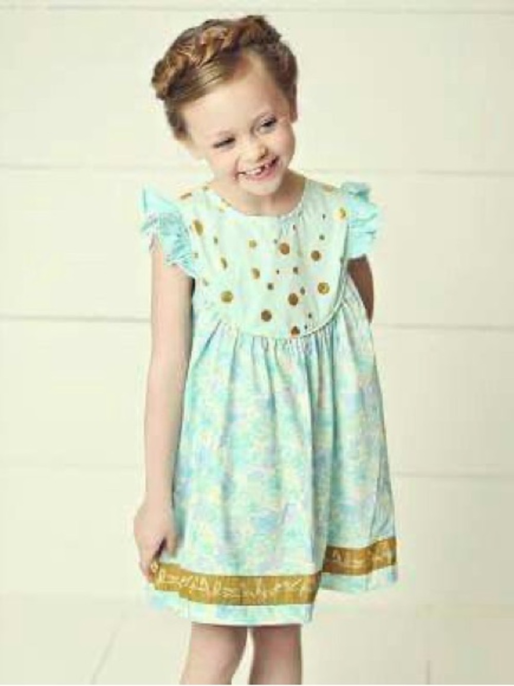 Matilda Jane Light Blue Dress with Gold Dot Bib and Gold Hem